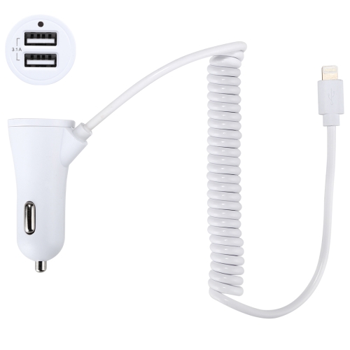 3.1A Dual Ports 8 Pin Wired Smart Car Charger, For iPhone X / 8 Plus / 7 Plus (White)
